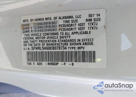 2014 Honda Odyssey Ex-L from USA, damaged, VIN 5FNRL5H68EB078734